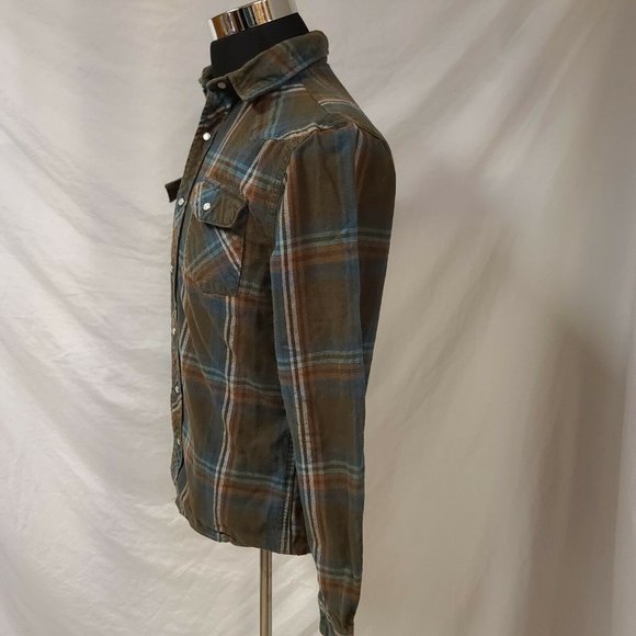 Route 66 Mens Large Brown Blue Stripe Flannel Pearl Snap Western Shirt - Picture 8 of 10